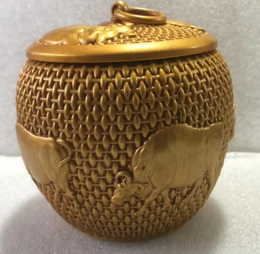 China brass archaize five cow Tea caddy crafts statue