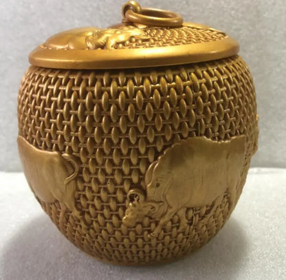 China brass archaize five cow Tea caddy crafts statue