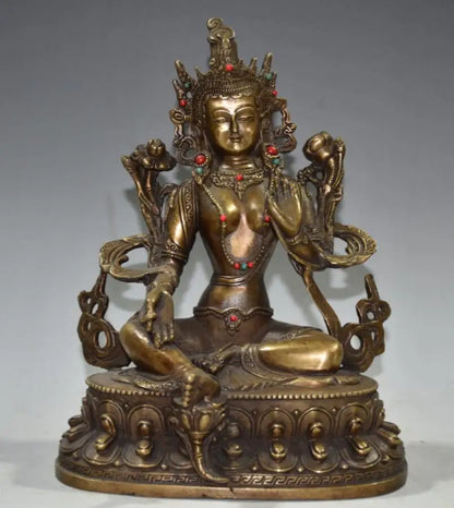 China brass archaize lotus Green tara Buddha crafts statue