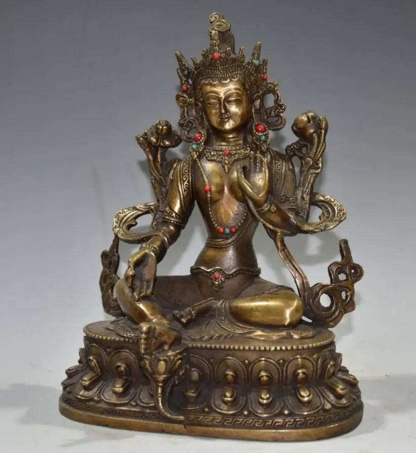China brass archaize lotus Green tara Buddha crafts statue