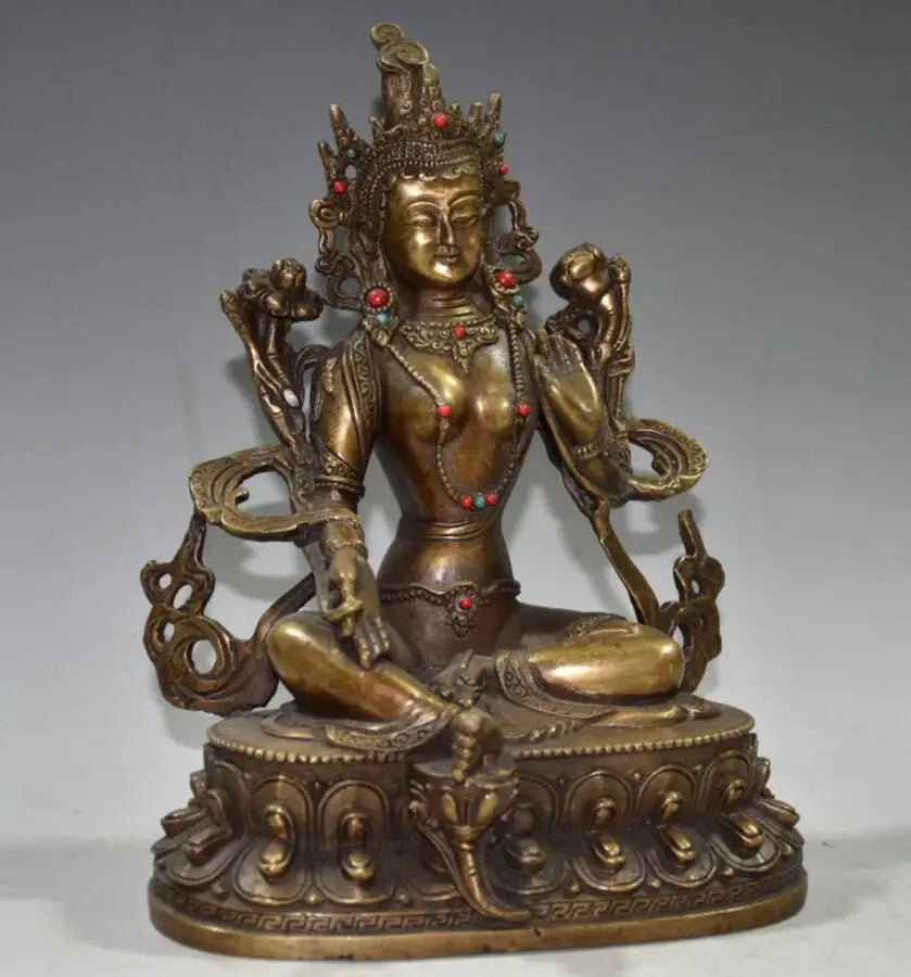 China brass archaize lotus Green tara Buddha crafts statue