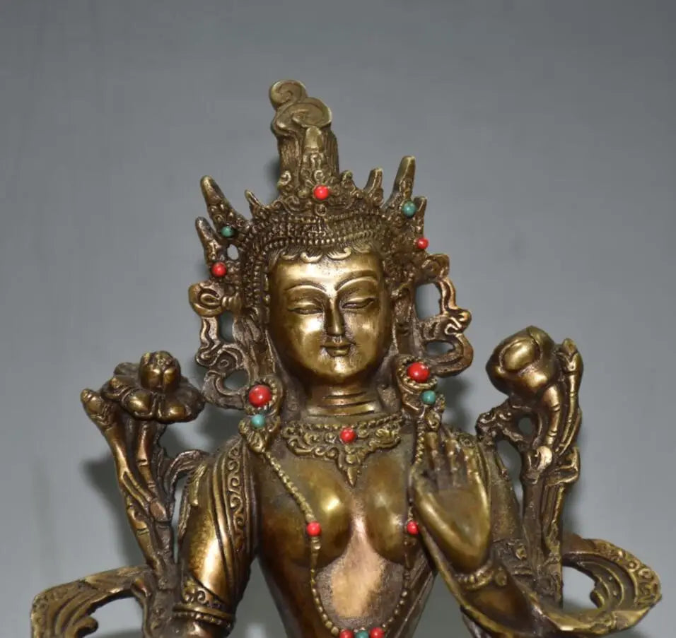China brass archaize lotus Green tara Buddha crafts statue