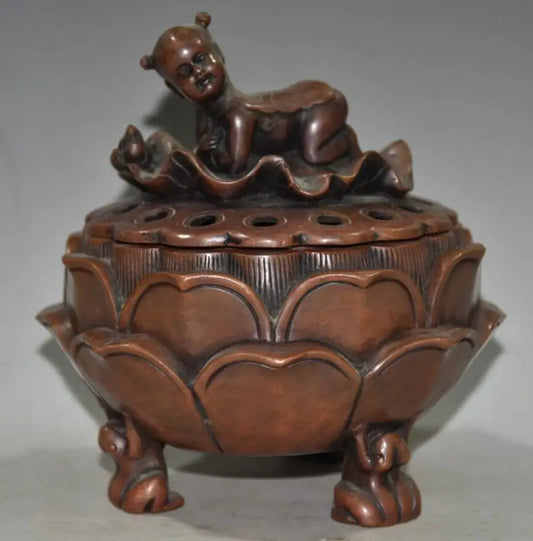 China brass archaize lotus girl Incense burner crafts statue