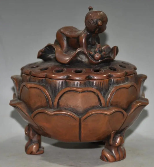 China brass archaize lotus girl Incense burner crafts statue
