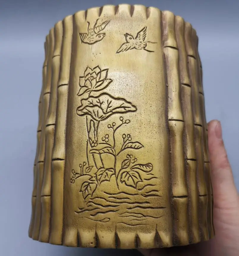 China brass archaize magpies plum blossom Pen holder crafts statue