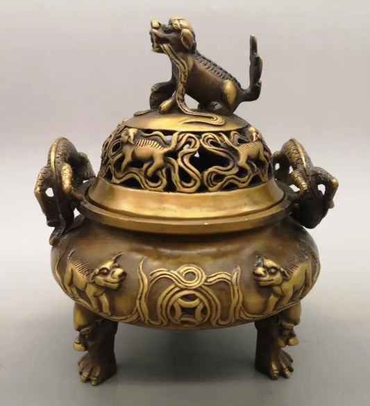 China brass archaize mythical wild animal Incense burner crafts statue