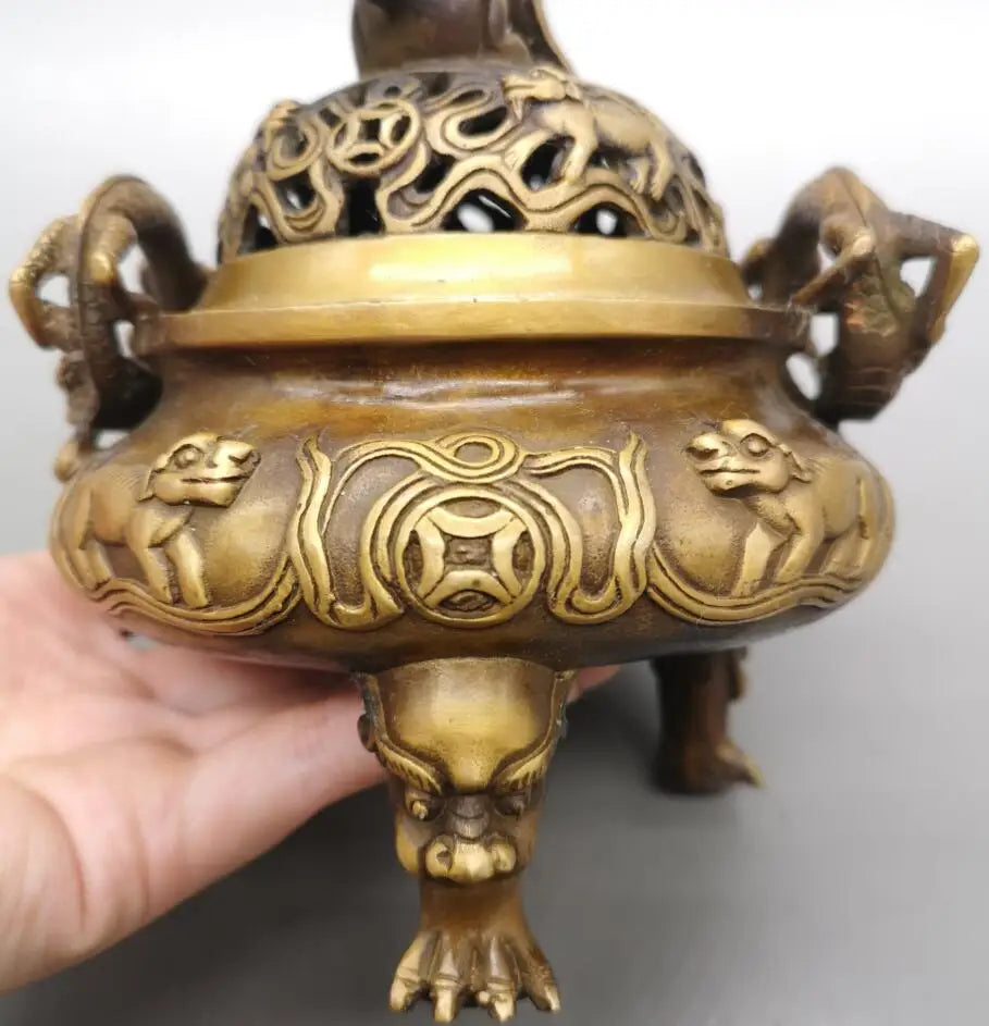 China brass archaize mythical wild animal Incense burner crafts statue