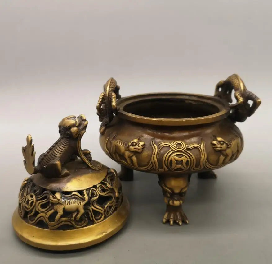 China brass archaize mythical wild animal Incense burner crafts statue