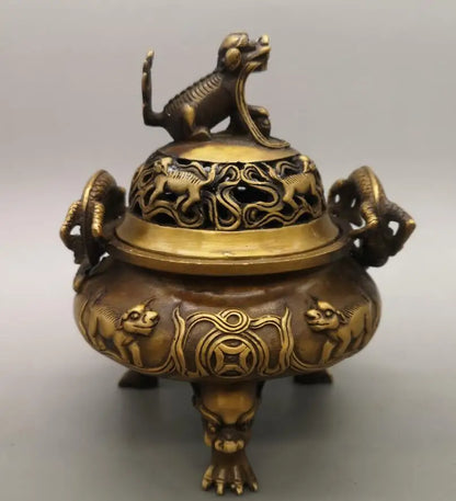 China brass archaize mythical wild animal Incense burner crafts statue