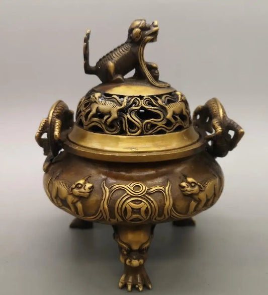 China brass archaize mythical wild animal Incense burner crafts statue
