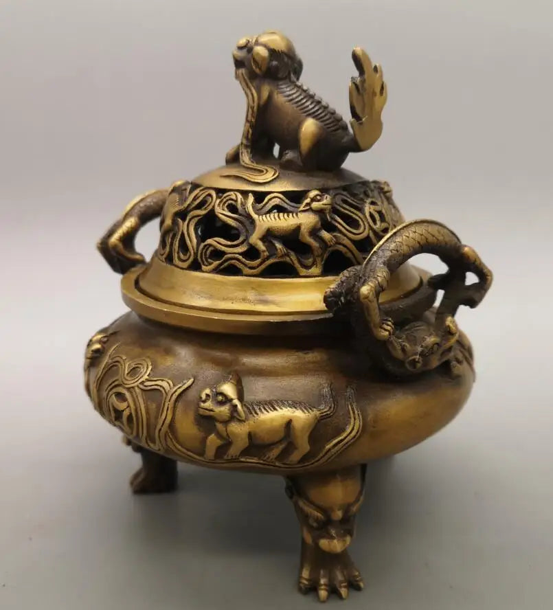 China brass archaize mythical wild animal Incense burner crafts statue