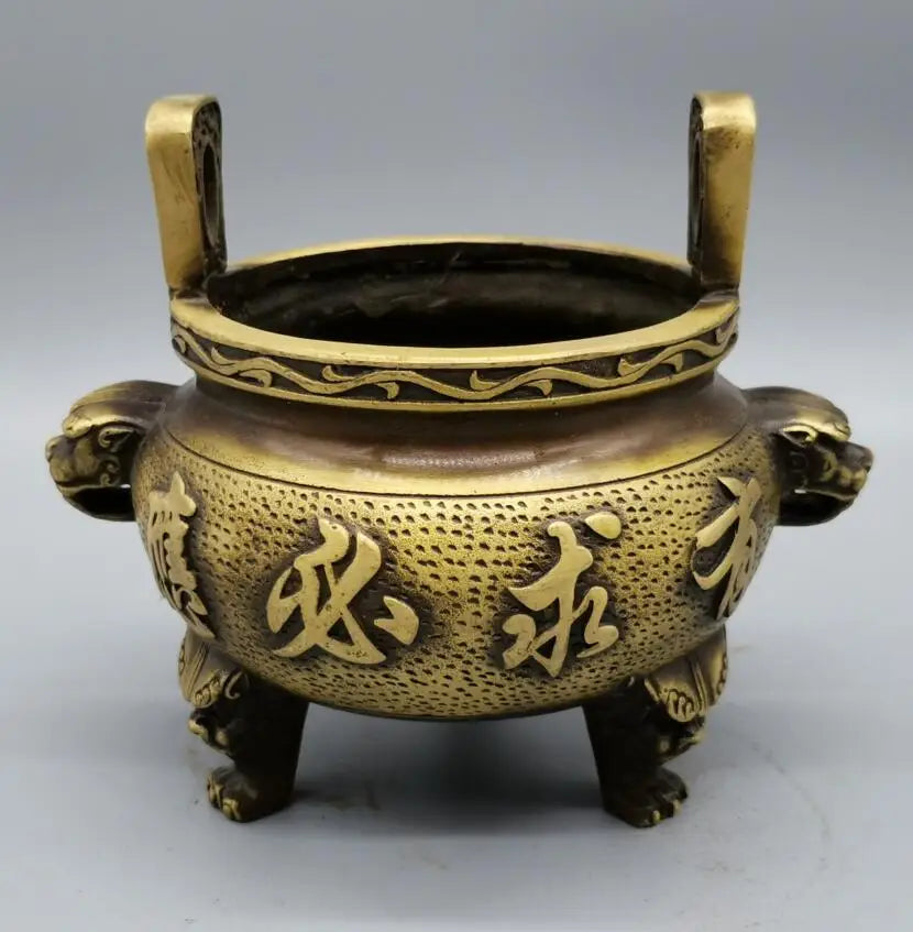 China brass archaize recruit wealth beast head Incense burner crafts statue