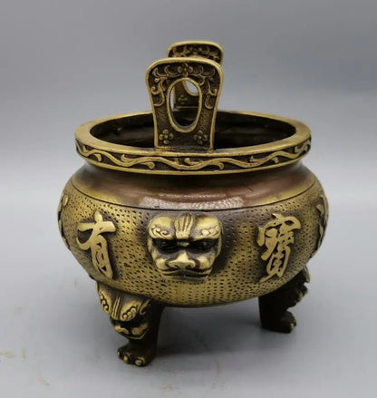 China brass archaize recruit wealth beast head Incense burner crafts statue