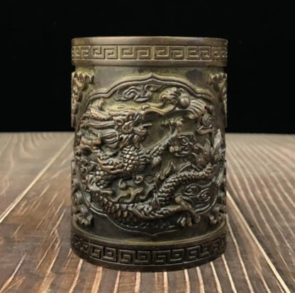 China brass archaize relief dragon Pattern Pen holder crafts statue
