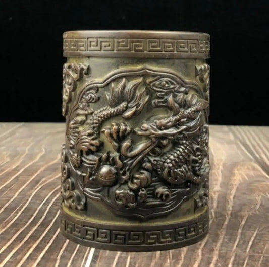 China brass archaize relief dragon Pattern Pen holder crafts statue