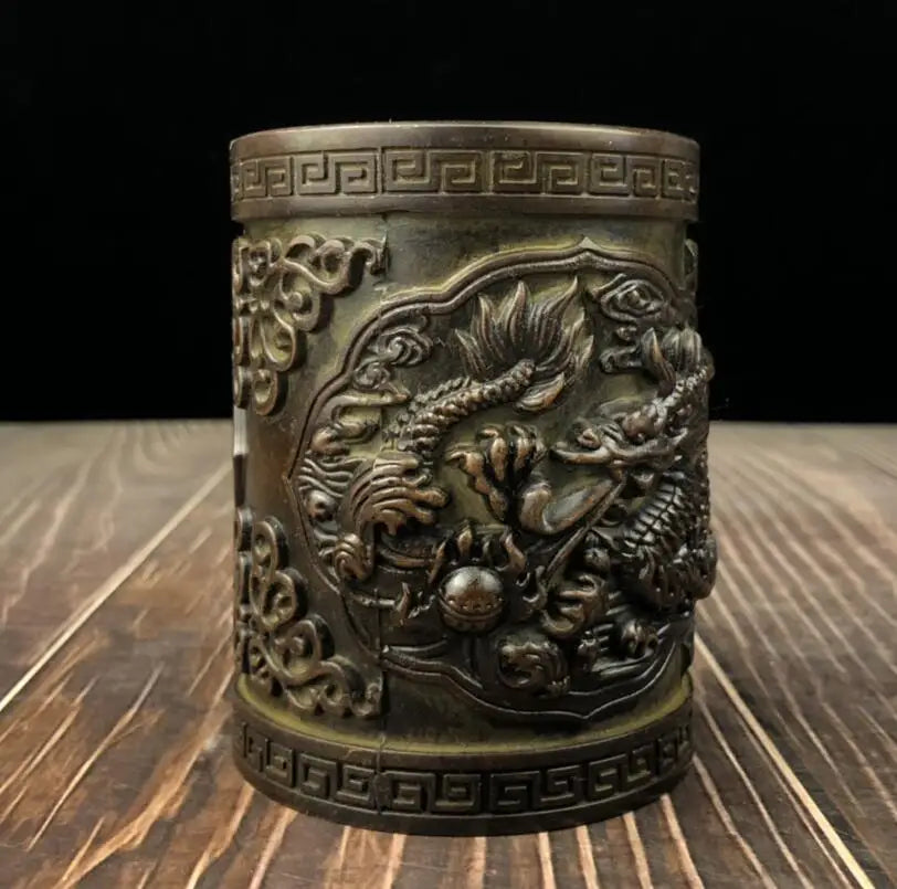China brass archaize relief dragon Pattern Pen holder crafts statue