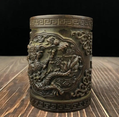 China brass archaize relief dragon Pattern Pen holder crafts statue