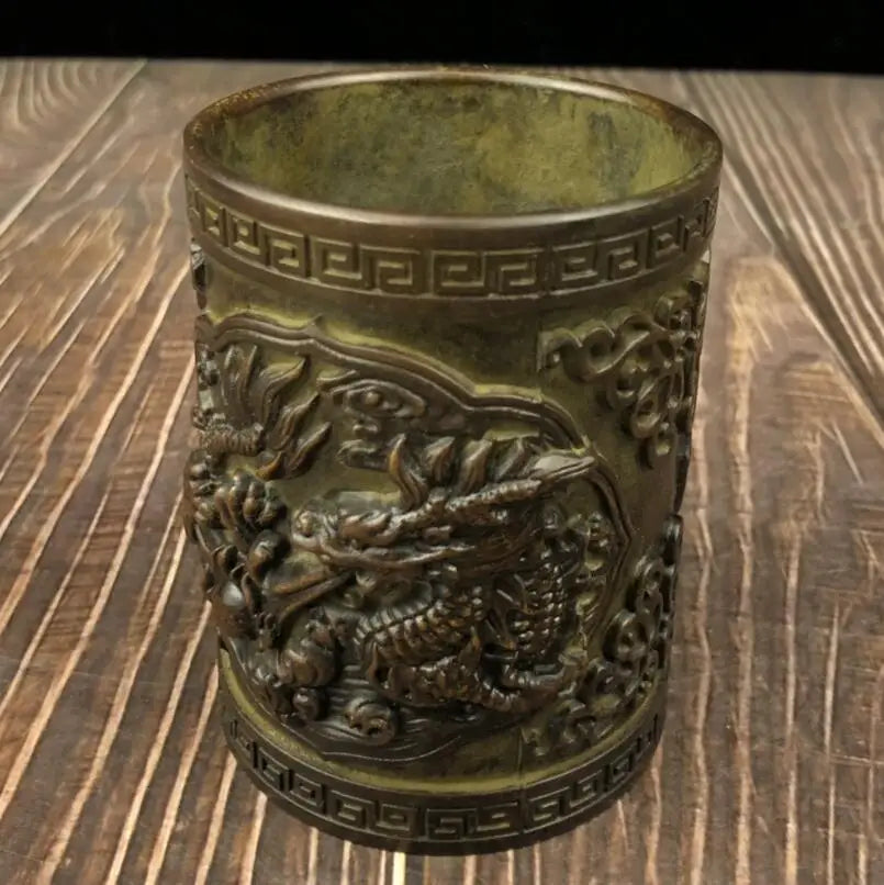 China brass archaize relief dragon Pattern Pen holder crafts statue