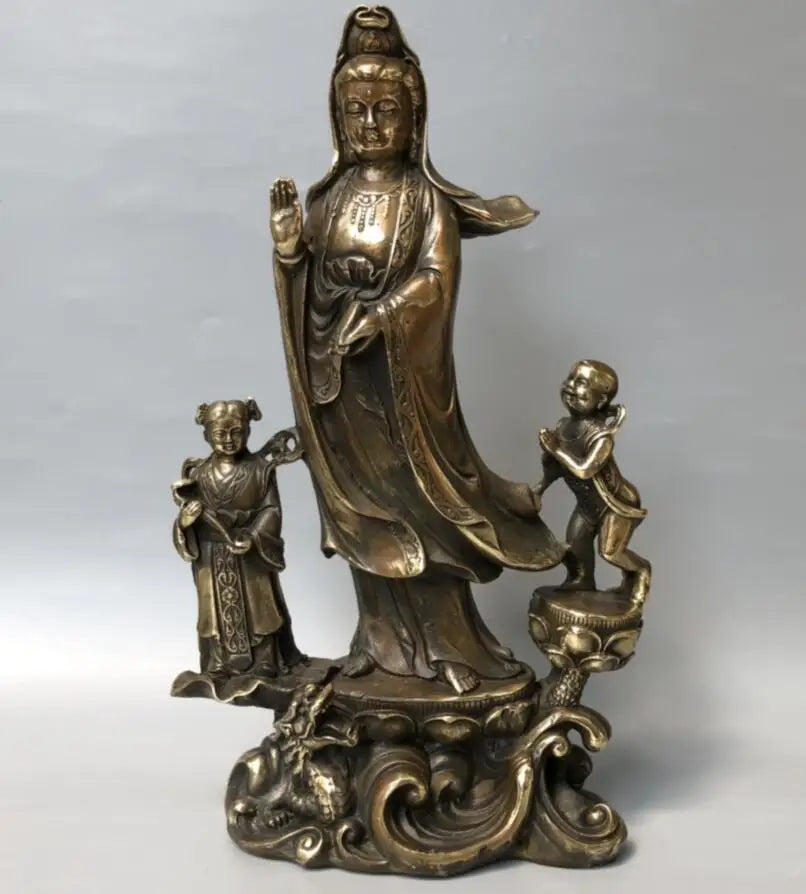 China brass archaize ride dragon child Guanyin bodhisattva crafts statue