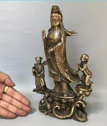 China brass archaize ride dragon child Guanyin bodhisattva crafts statue