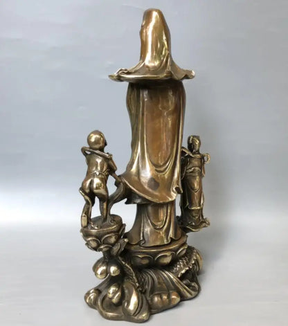 China brass archaize ride dragon child Guanyin bodhisattva crafts statue