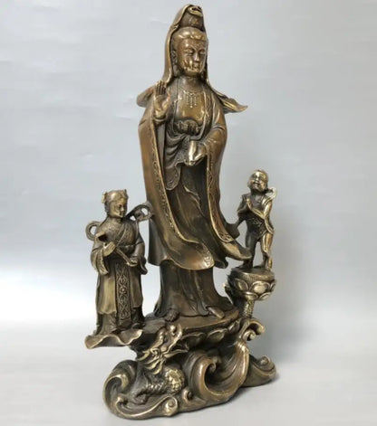 China brass archaize ride dragon child Guanyin bodhisattva crafts statue