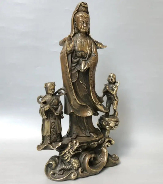 China brass archaize ride dragon child Guanyin bodhisattva crafts statue