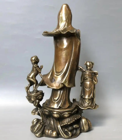 China brass archaize ride dragon child Guanyin bodhisattva crafts statue
