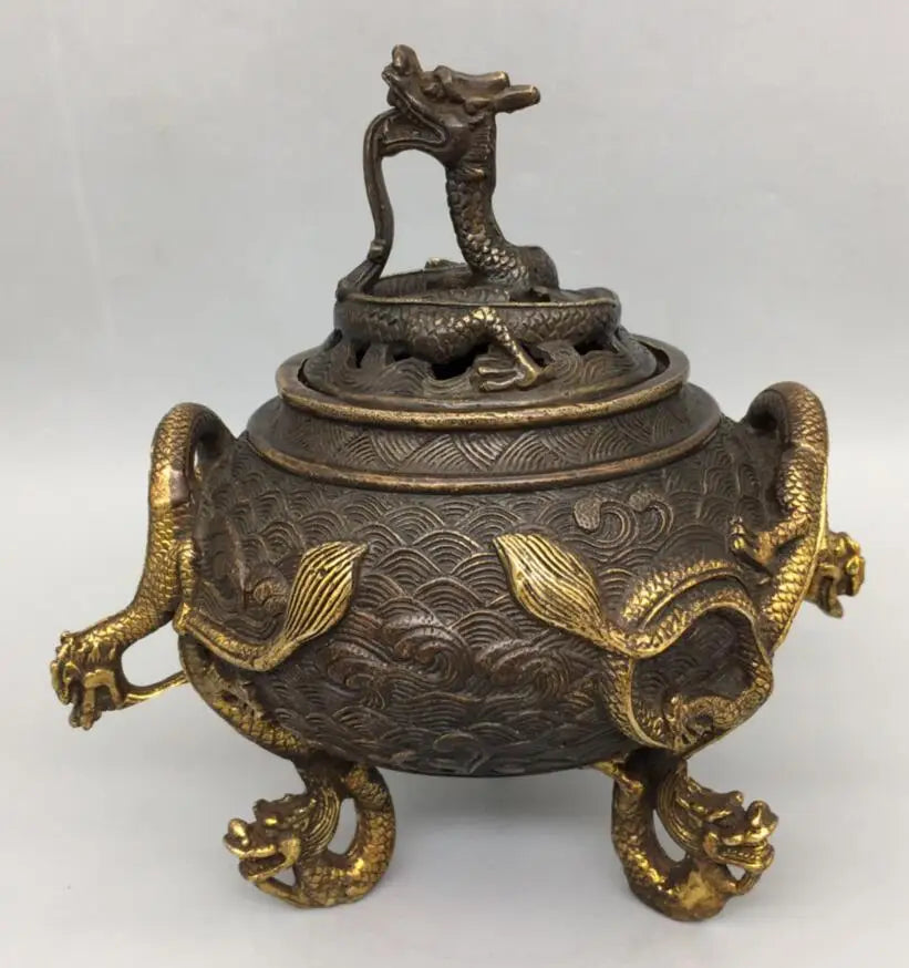 China brass archaize three foot dragon Incense burner crafts statue