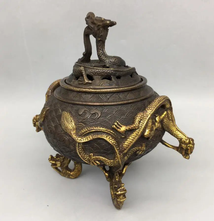 China brass archaize three foot dragon Incense burner crafts statue