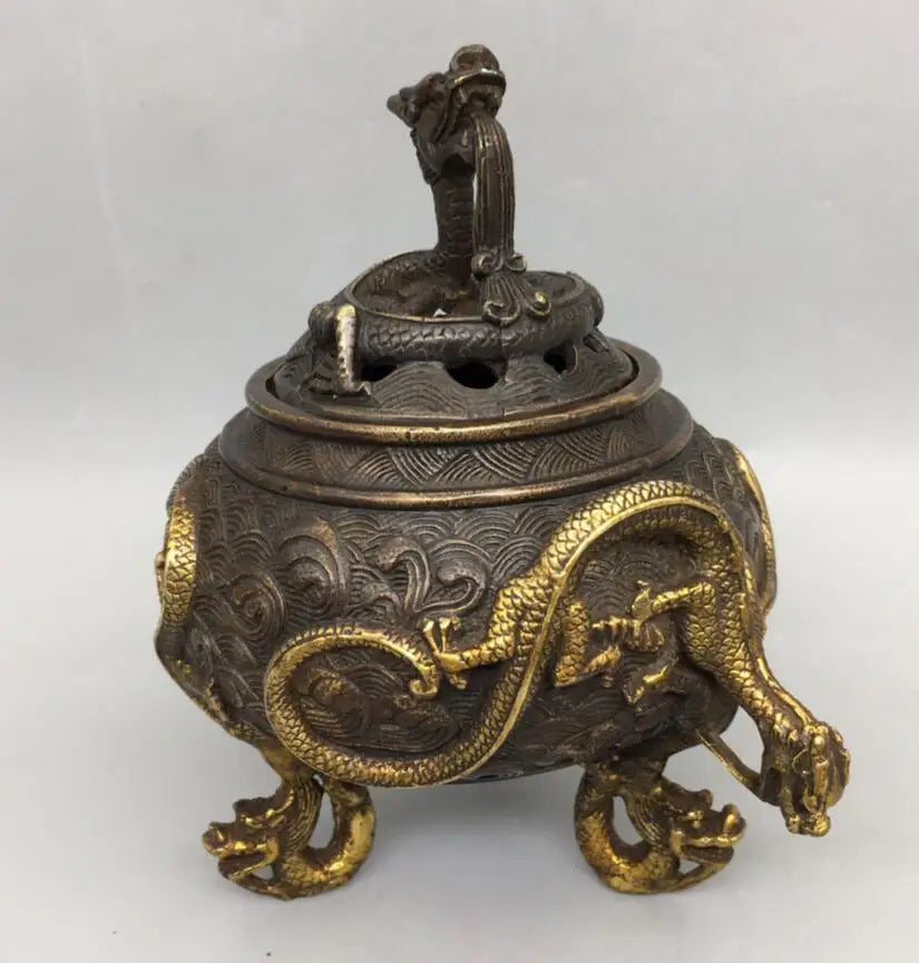 China brass archaize three foot dragon Incense burner crafts statue