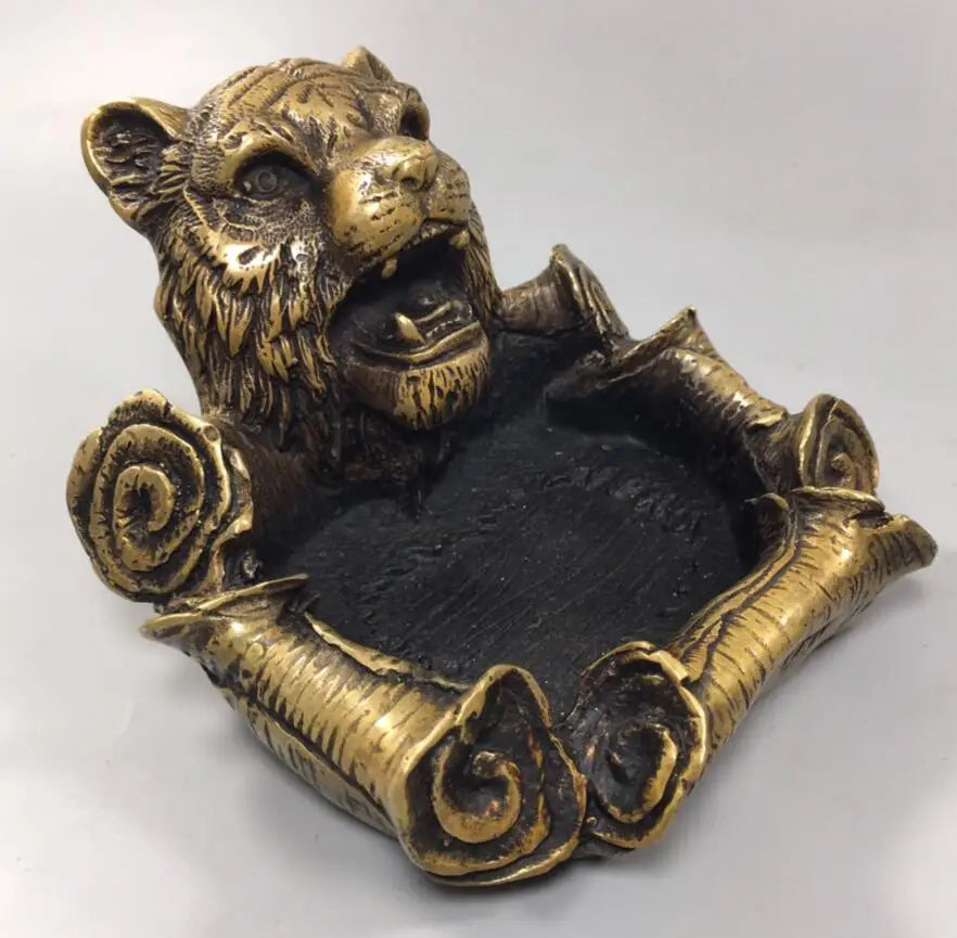 China brass archaize tiger head ashtray crafts statue