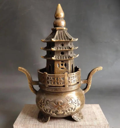 China brass archaize tower Incense burner crafts statue