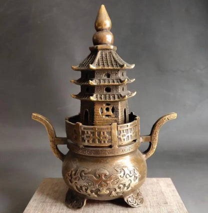 China brass archaize tower Incense burner crafts statue
