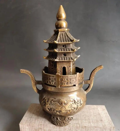 China brass archaize tower Incense burner crafts statue