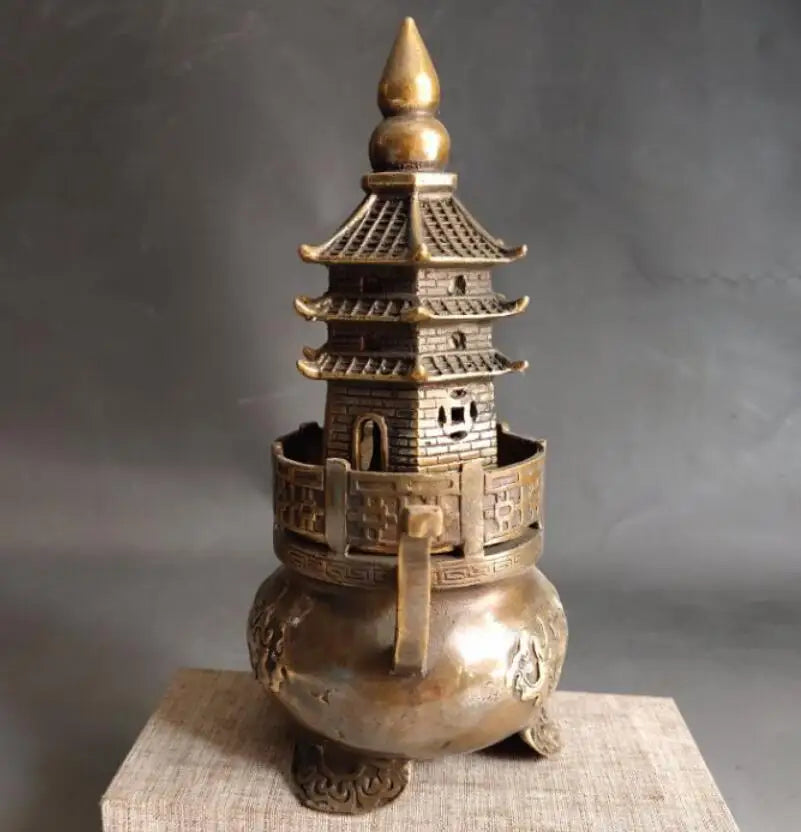 China brass archaize tower Incense burner crafts statue
