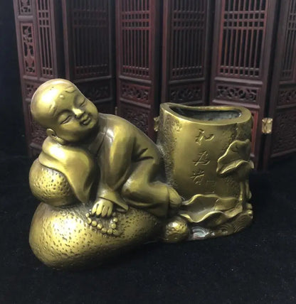 China brass archaize young monk Pen holder crafts statue