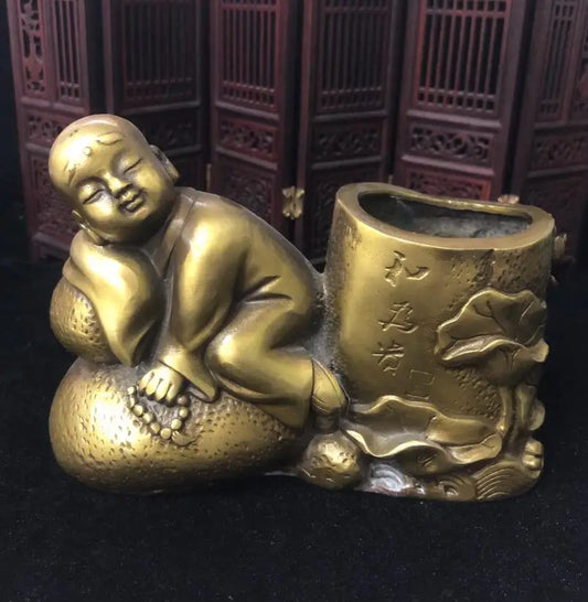 China brass archaize young monk Pen holder crafts statue