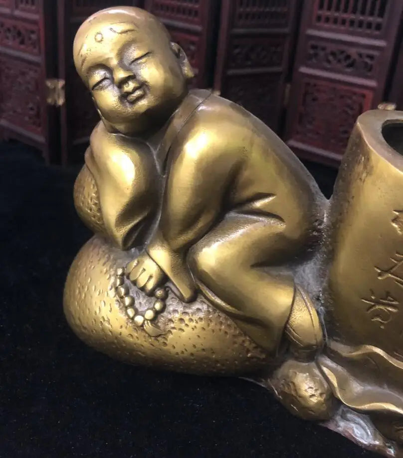 China brass archaize young monk Pen holder crafts statue