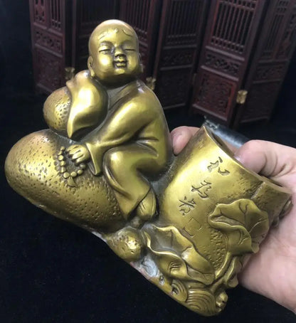 China brass archaize young monk Pen holder crafts statue