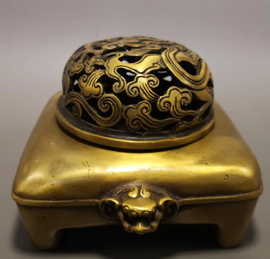 China brass beast head Hollow out Incense burner crafts statue