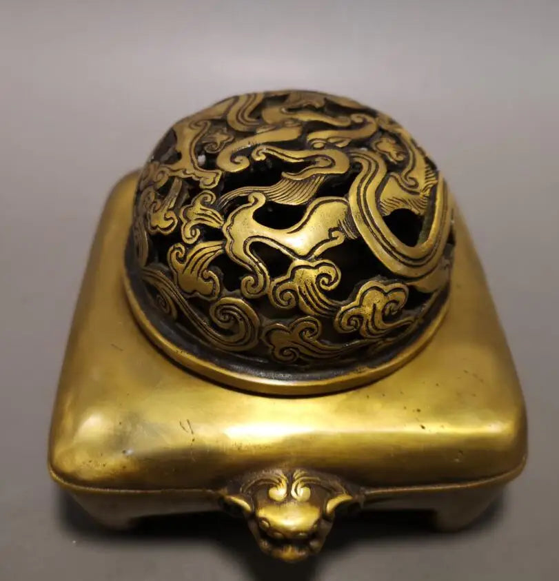 China brass beast head Hollow out Incense burner crafts statue