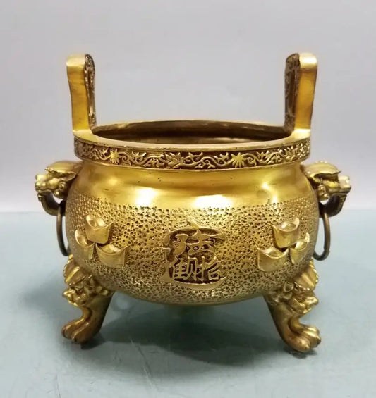 China brass beast head recruit wealth Incense burner crafts statue