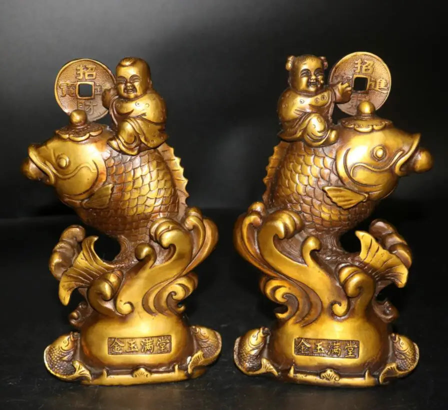 China brass boy and Girl riding  fish wealth statue