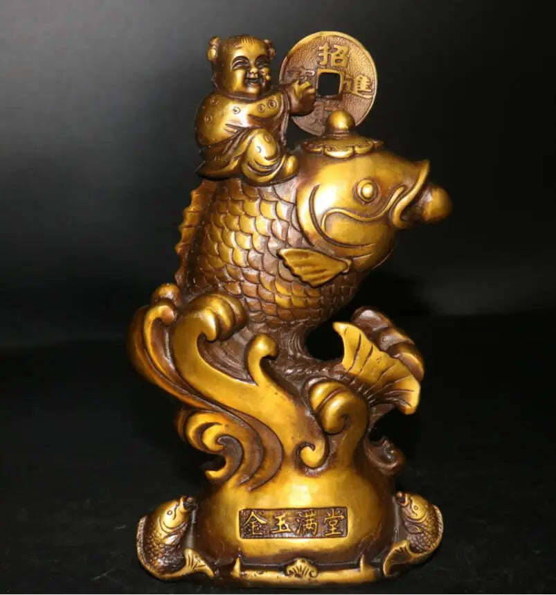 China brass boy and Girl riding  fish wealth statue