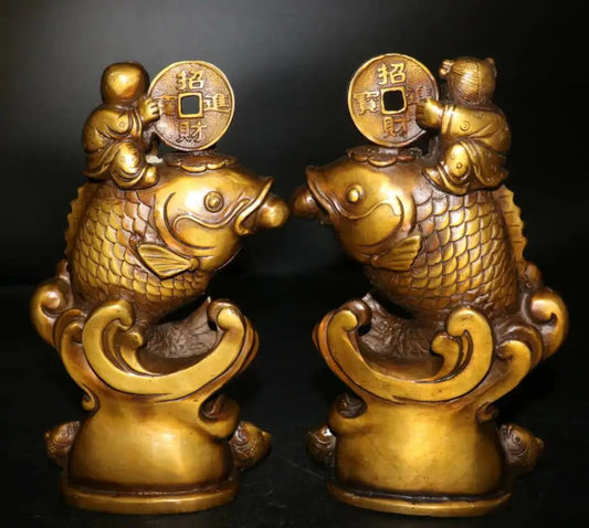 China brass boy and Girl riding  fish wealth statue