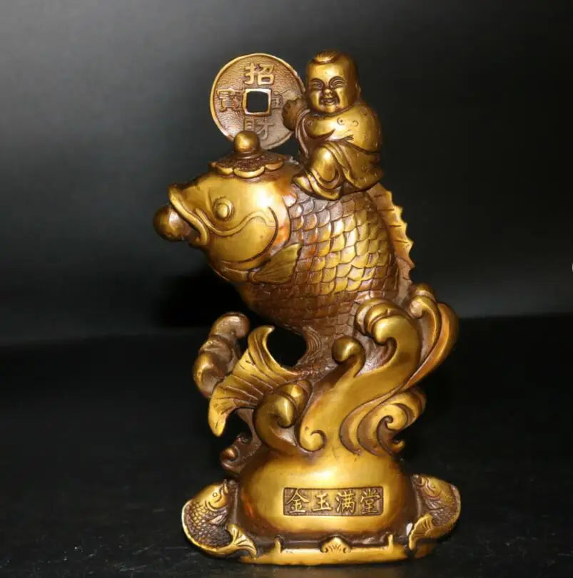 China brass boy and Girl riding  fish wealth statue