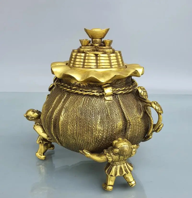 China brass boy money bag Incense burner crafts statue