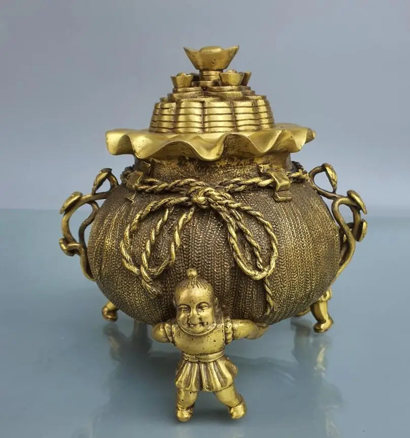 China brass boy money bag Incense burner crafts statue