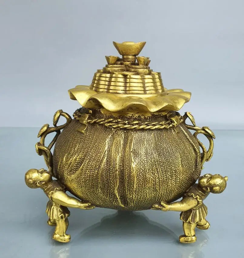 China brass boy money bag Incense burner crafts statue
